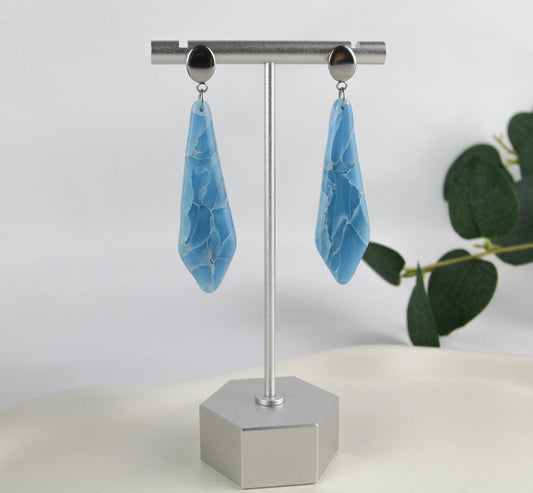 Lange Blau-Silber Marmor Ohrringe – Elegante Handgefertigte Polymer Clay Statement