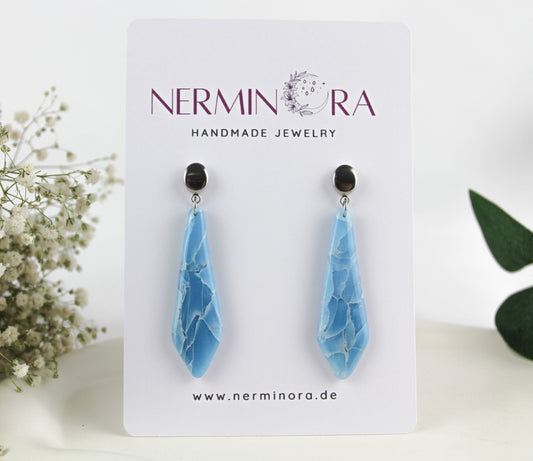 Lange Blau-Silber Marmor Ohrringe – Elegante Handgefertigte Polymer Clay Statement