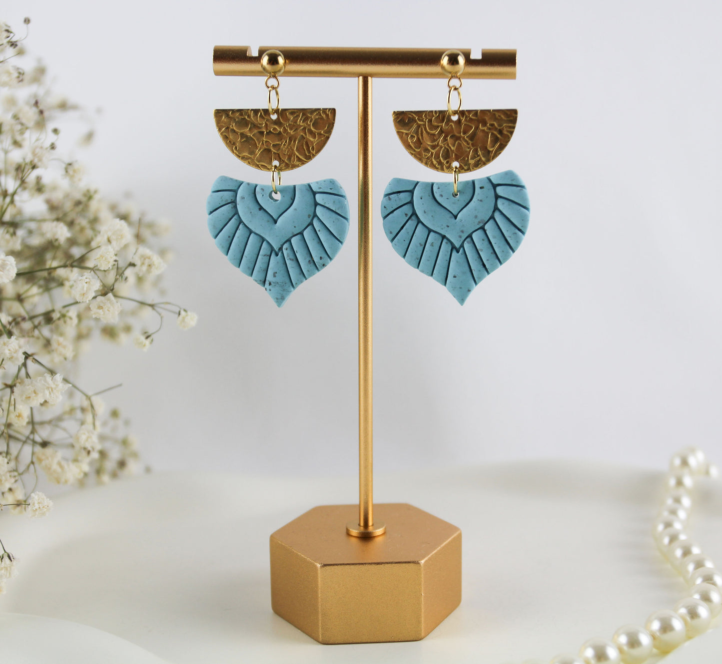 Türkise Oriental Boho Ohrringe mit Goldakzenten – Handgefertigte Polymer Clay Statement