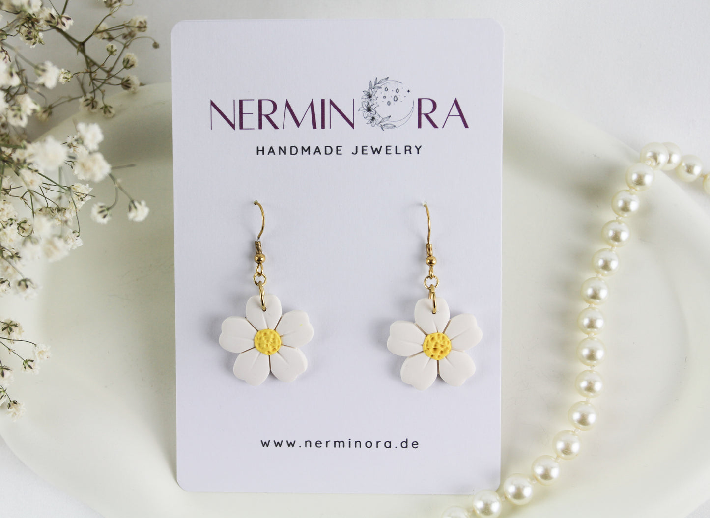 Weiße Blumen Gänseblümchen Daisy Creolen Ohrstecker Polymer Clay Ohrringe