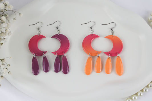 Lila-Orange Mond Farbverlauf – Handgefertigte Polymer Clay Statement Ohrringe