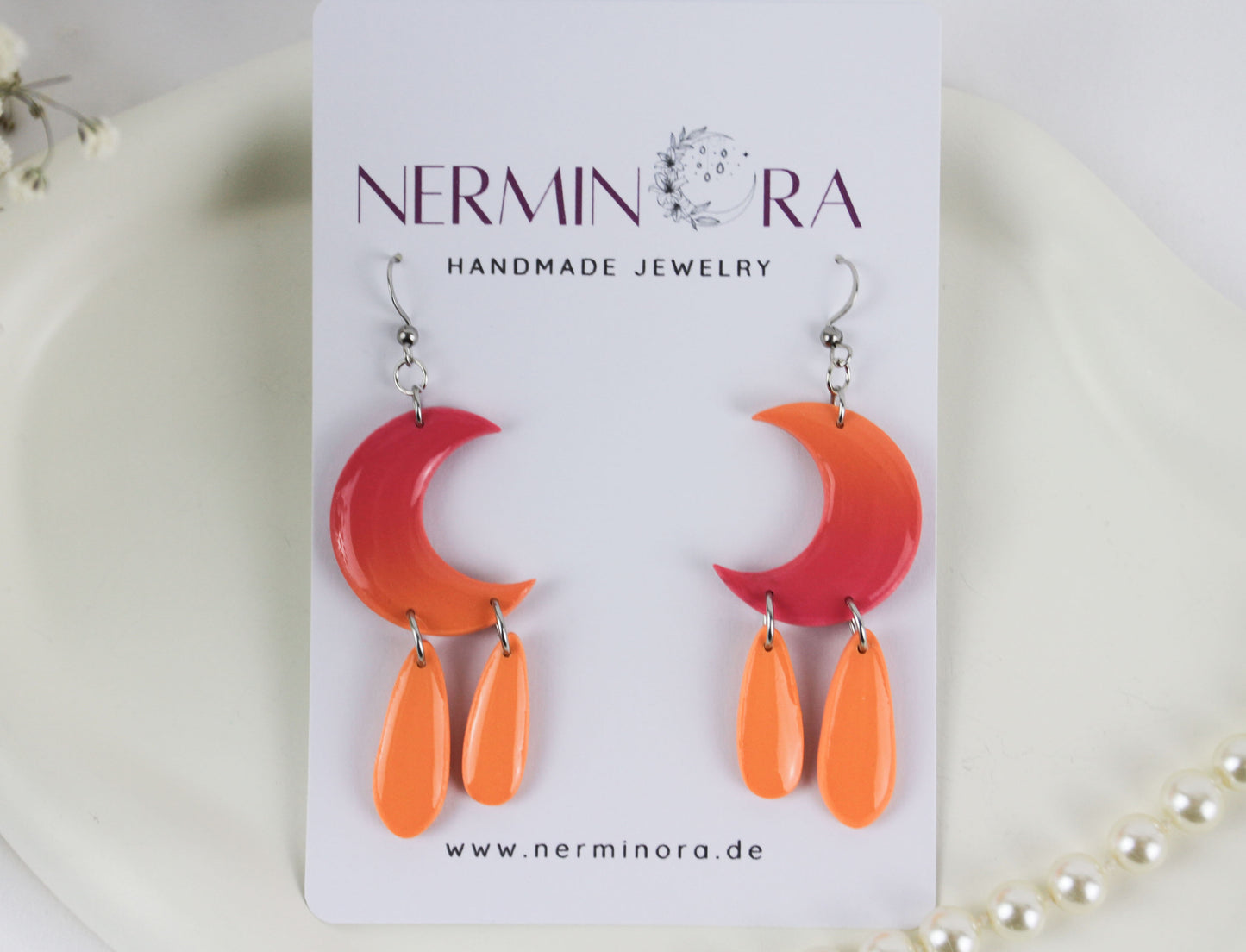 Lila-Orange Mond Farbverlauf – Handgefertigte Polymer Clay Statement Ohrringe