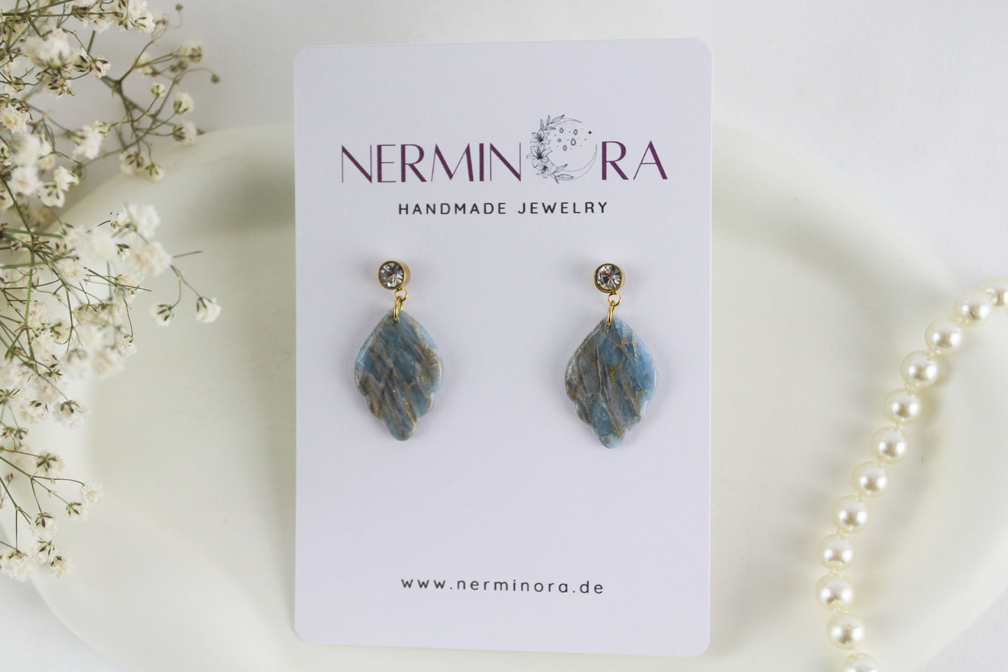 Blaue natursteininspirierte Blatt Polymer Clay Ohrringe Fadenohrringe