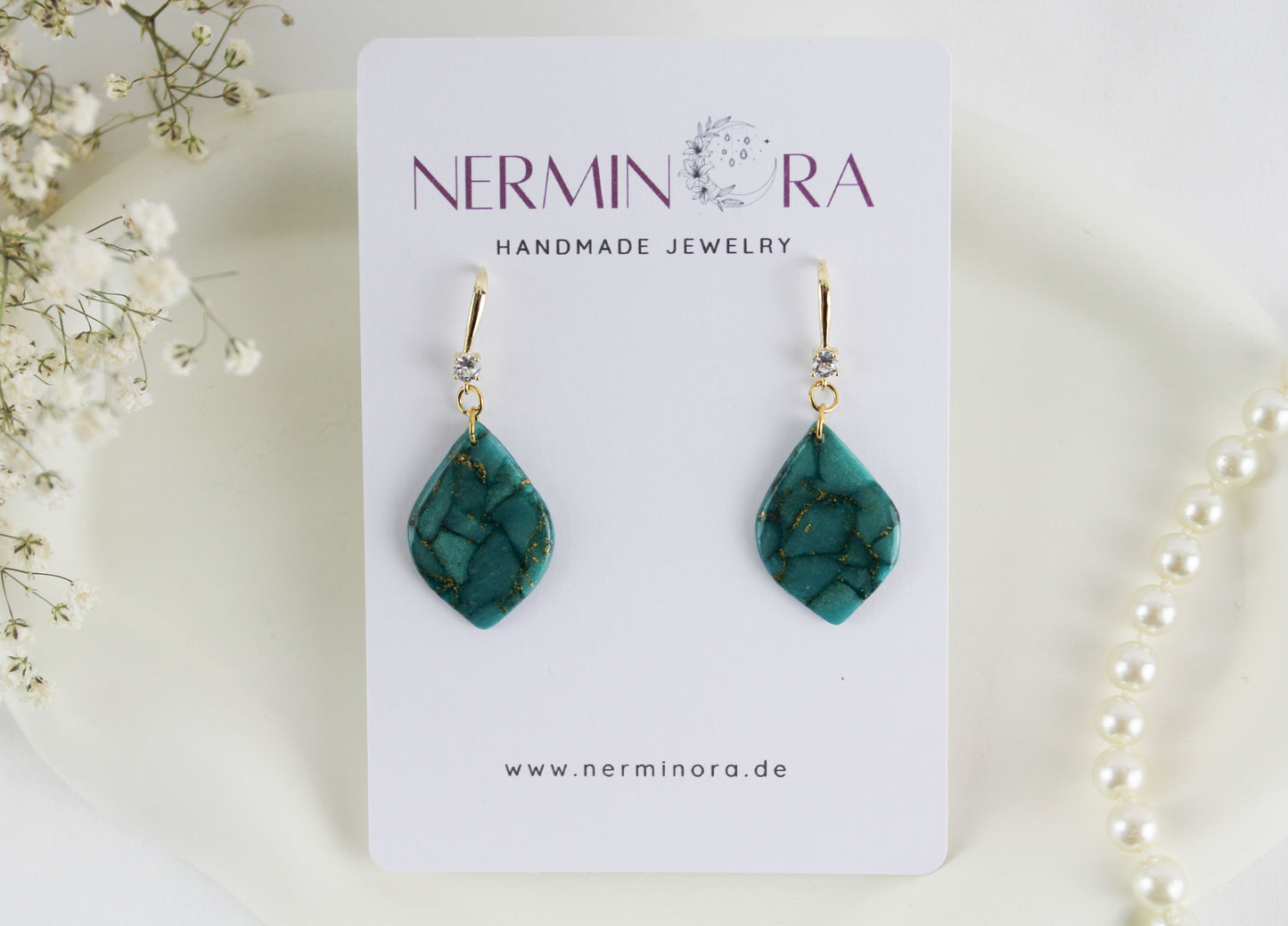 Elegante türkis-grün goldene Polymer Clay Ohrringe - Kollektion