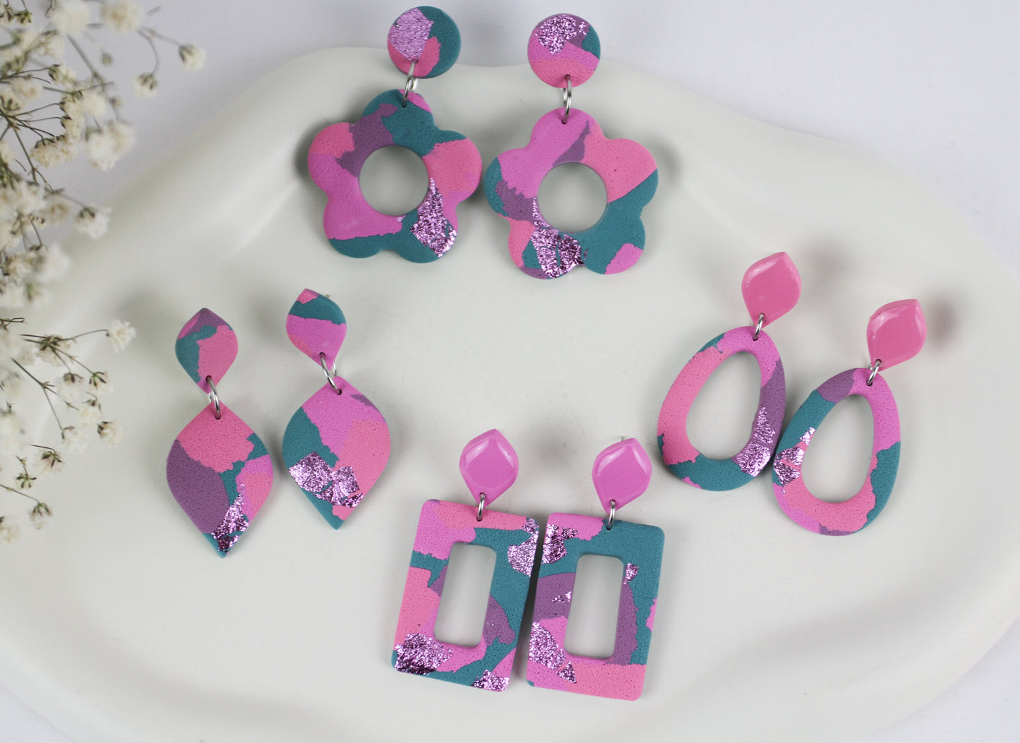 Lila rosa grüne Polymer Clay Ohrringe - Kollektion