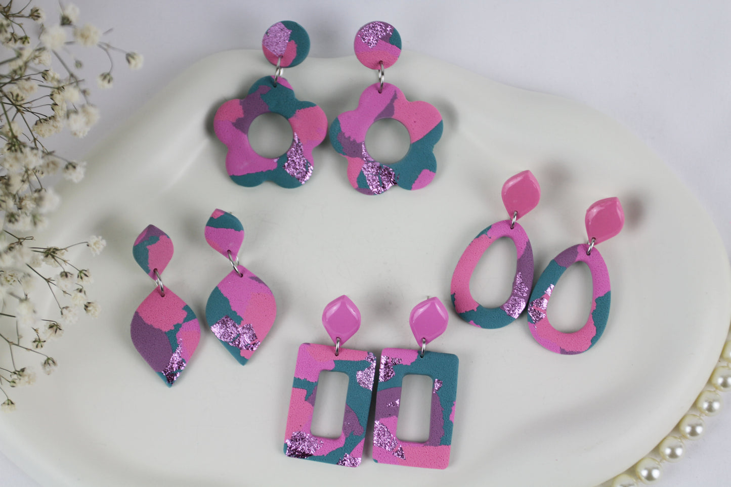Lila rosa grüne Polymer Clay Ohrringe - Kollektion