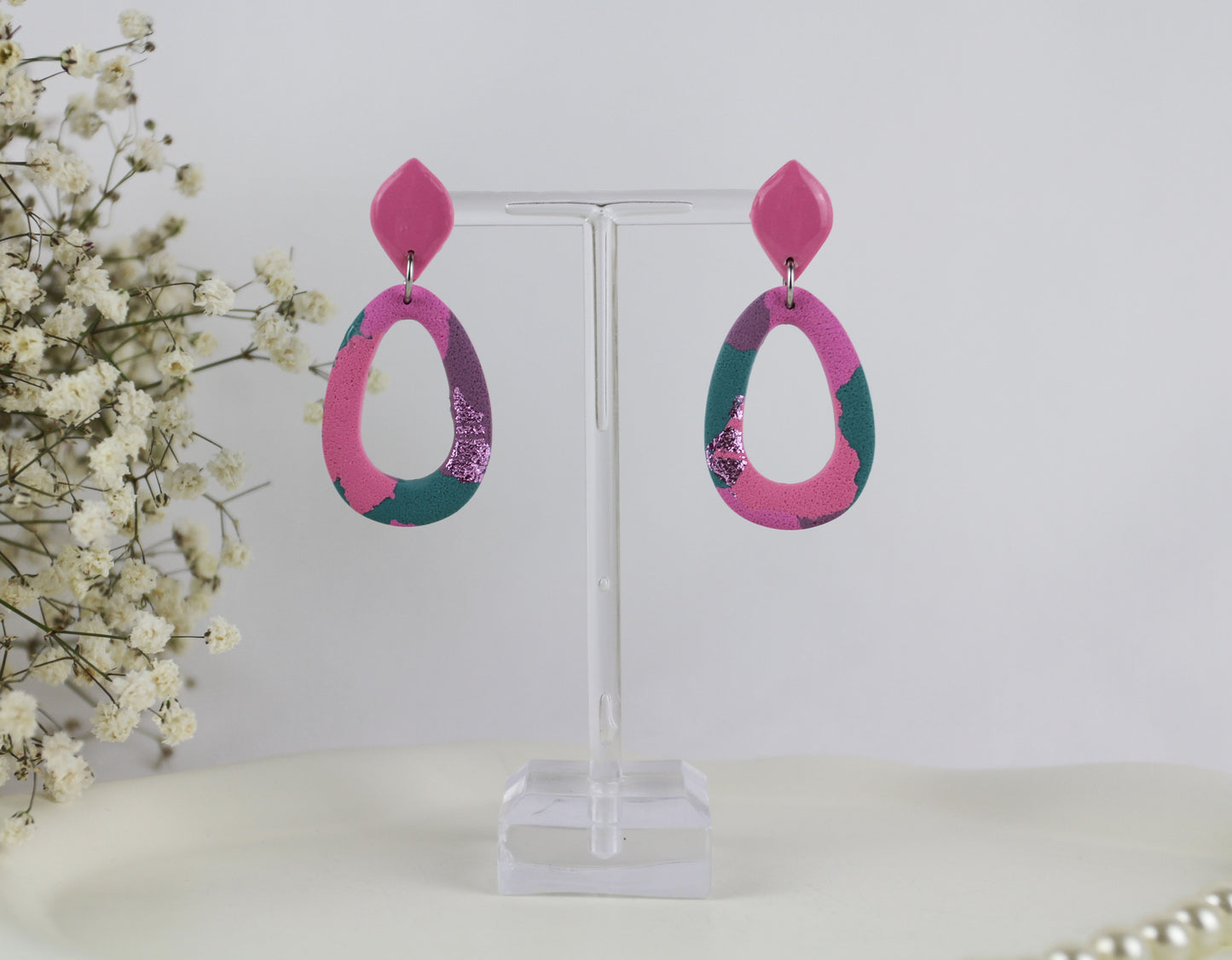 Lila rosa grüne Polymer Clay Ohrringe - Kollektion