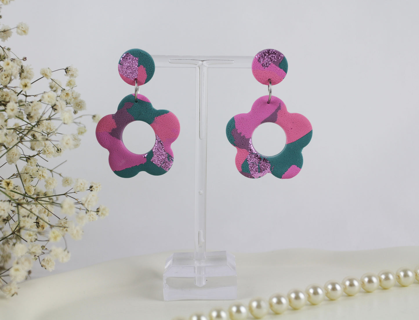 Lila rosa grüne Polymer Clay Ohrringe - Kollektion