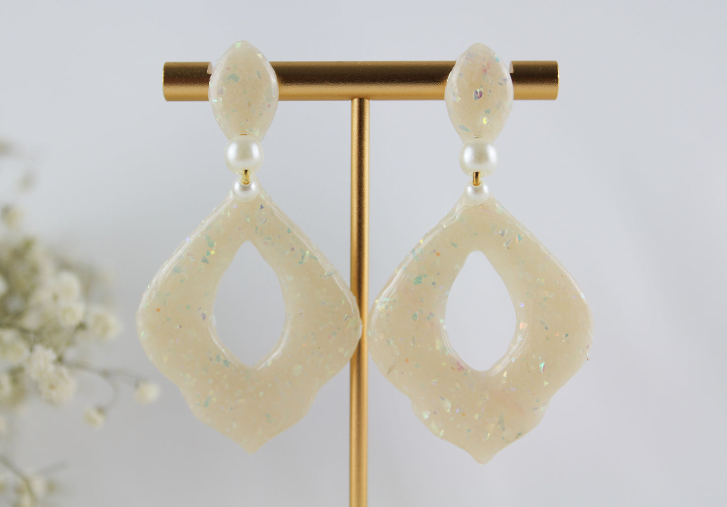 Weiß-Beige Glitzer Opal Polymer Clay Ohrringe Ohrstecker, Braut Hochzeit Ohrringe