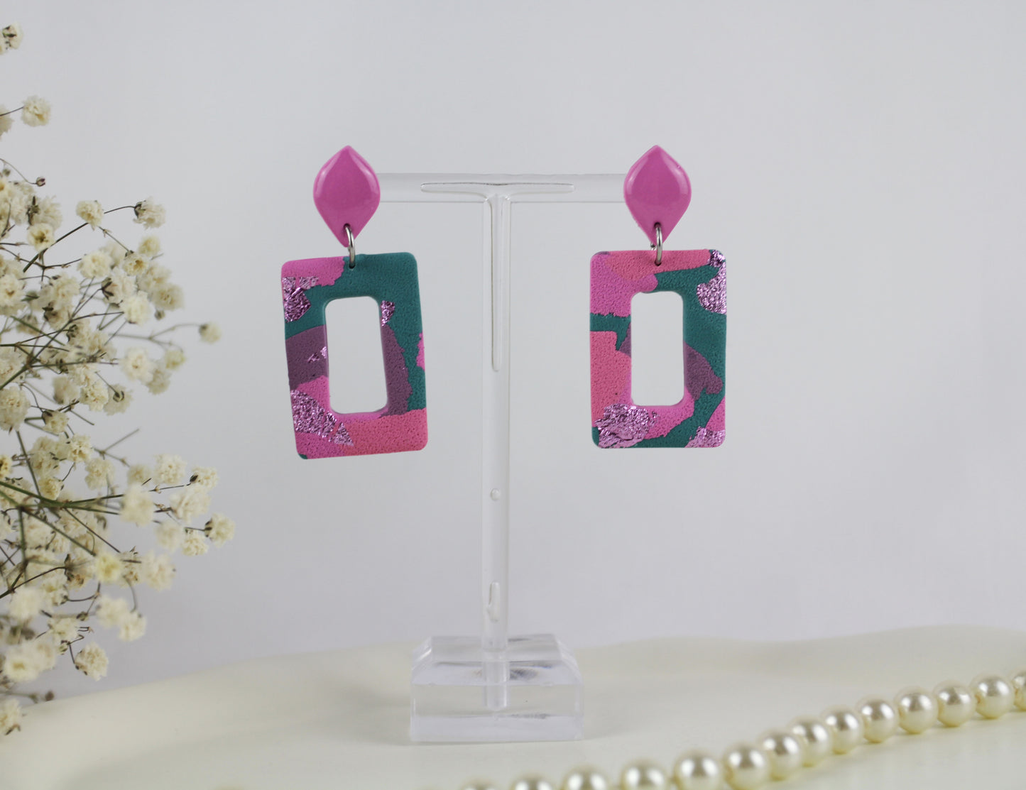 Lila rosa grüne Polymer Clay Ohrringe - Kollektion