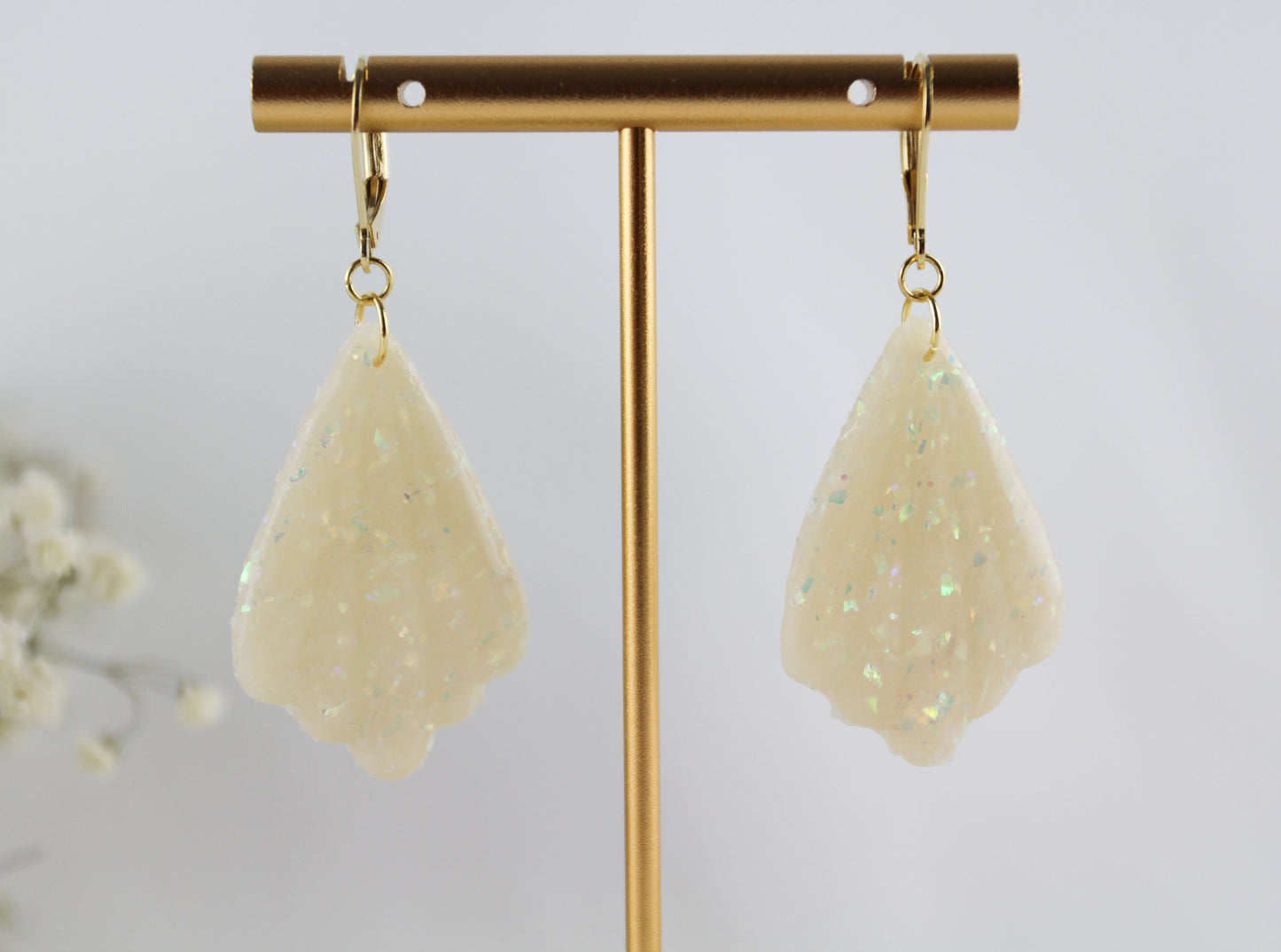 Weiß-Beige Glitzer Opal Polymer Clay Ohrringe Ohrstecker, Braut Hochzeit Ohrringe
