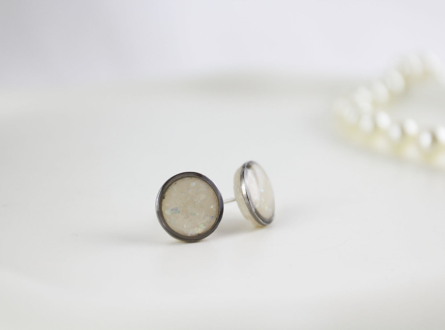 Weiß-Beige Glitzer Opal Polymer Clay Ohrringe Ohrstecker, Braut Hochzeit Ohrringe