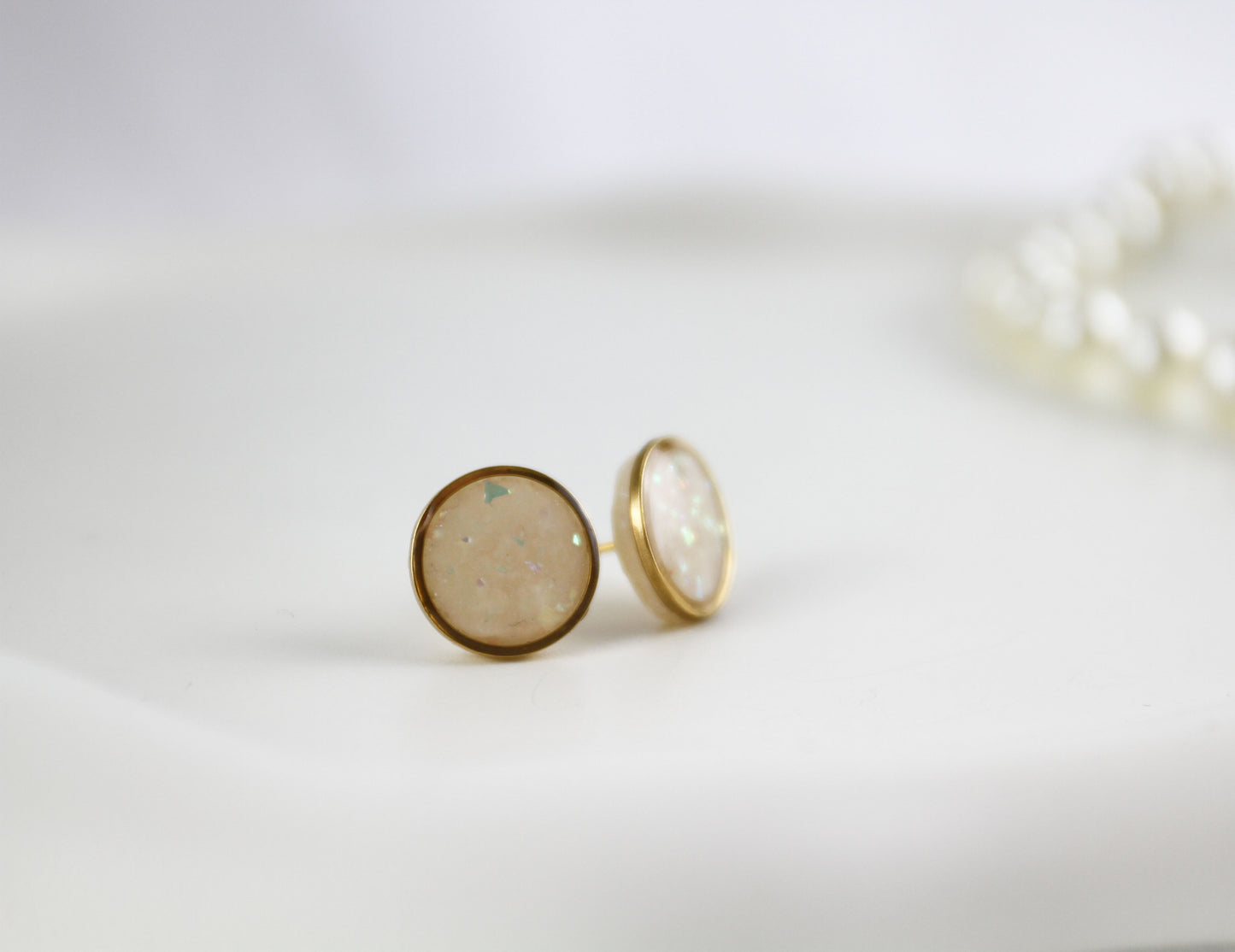 Weiß-Beige Glitzer Opal Polymer Clay Ohrringe Ohrstecker, Braut Hochzeit Ohrringe