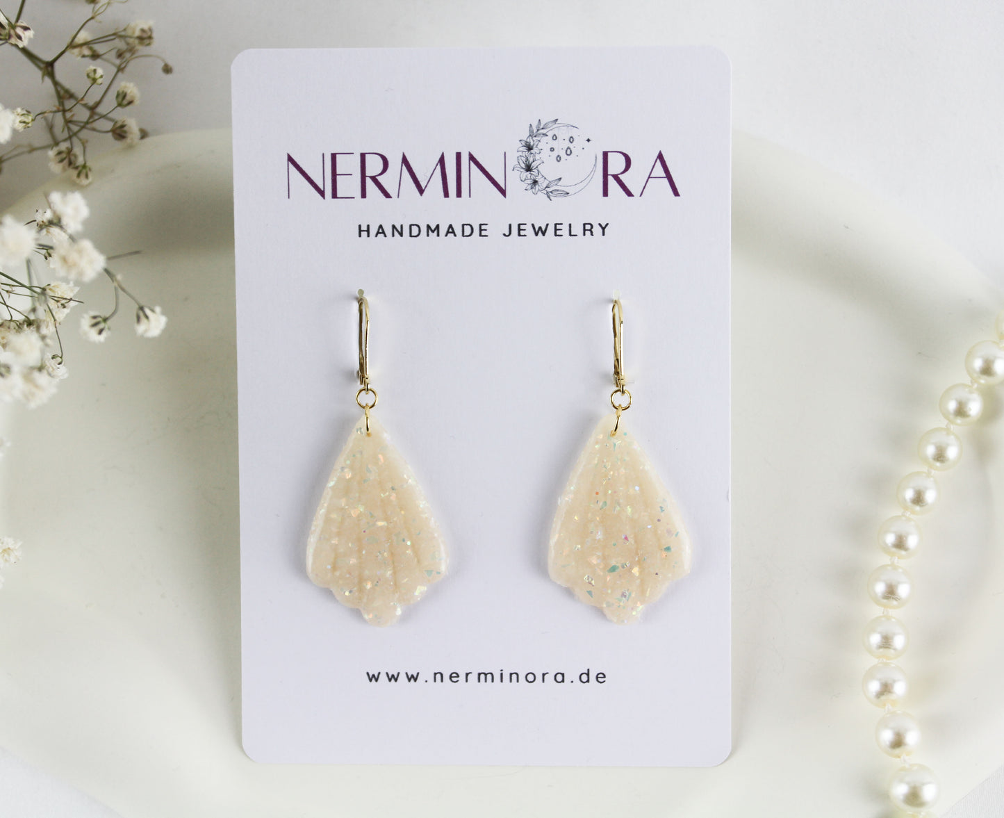 Weiß-Beige Glitzer Opal Polymer Clay Ohrringe Ohrstecker, Braut Hochzeit Ohrringe