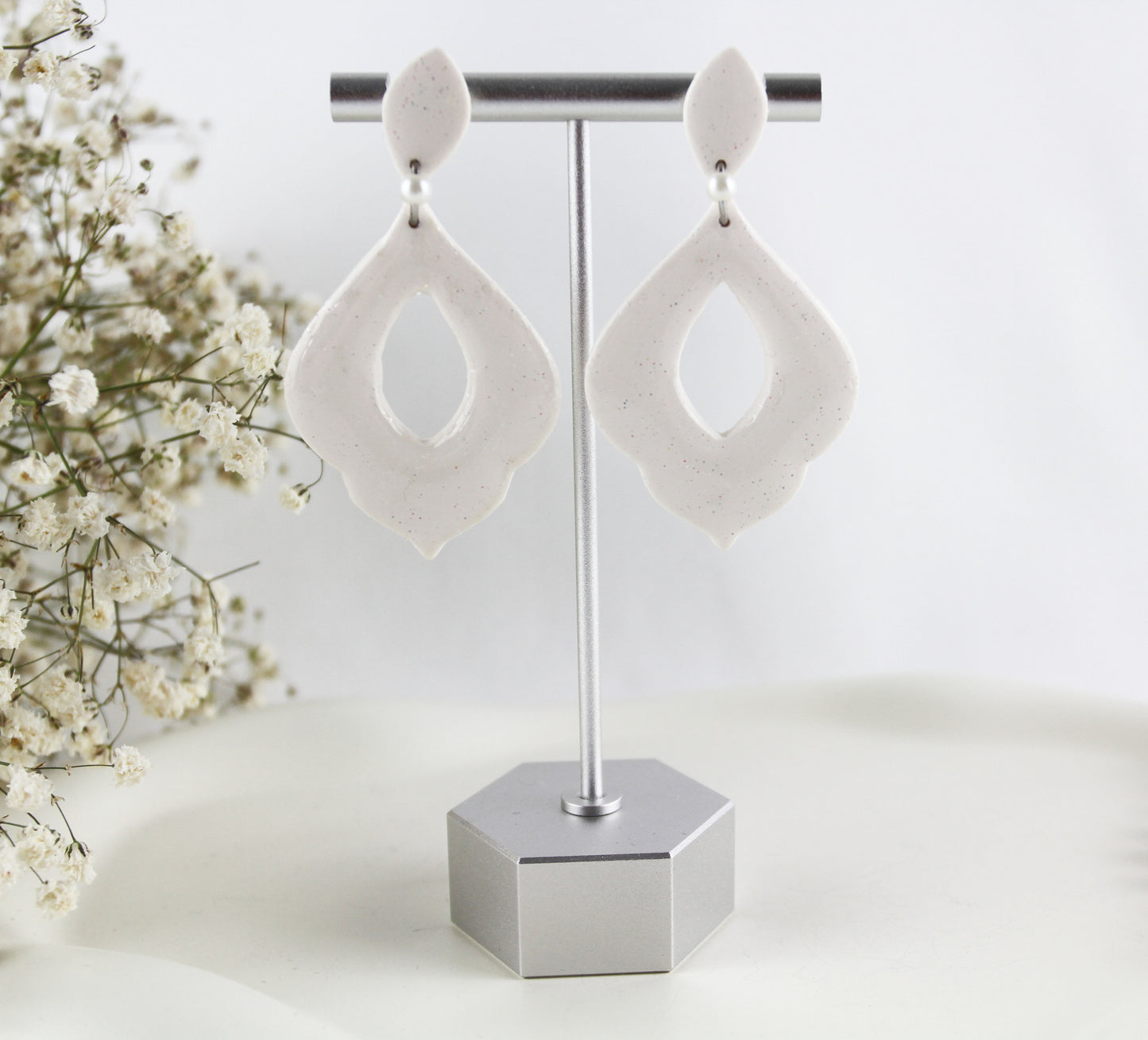Weiß Glitzernde Polymer Clay Ohrringe, Braut Hochzeit Ohrringe