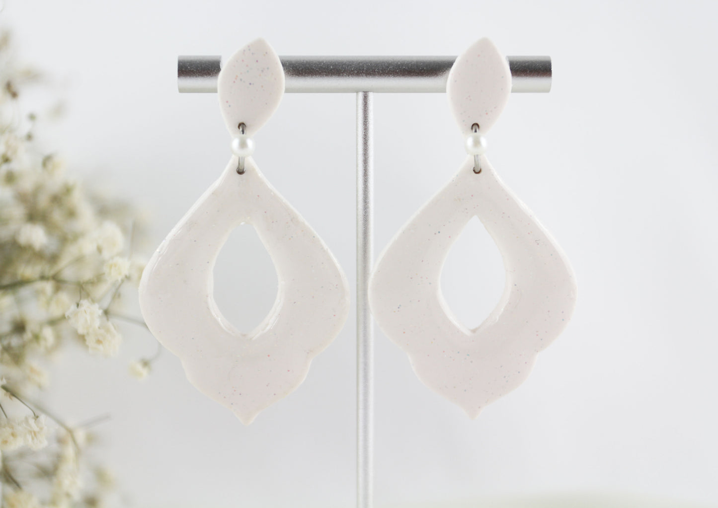 Weiß Glitzernde Polymer Clay Ohrringe, Braut Hochzeit Ohrringe