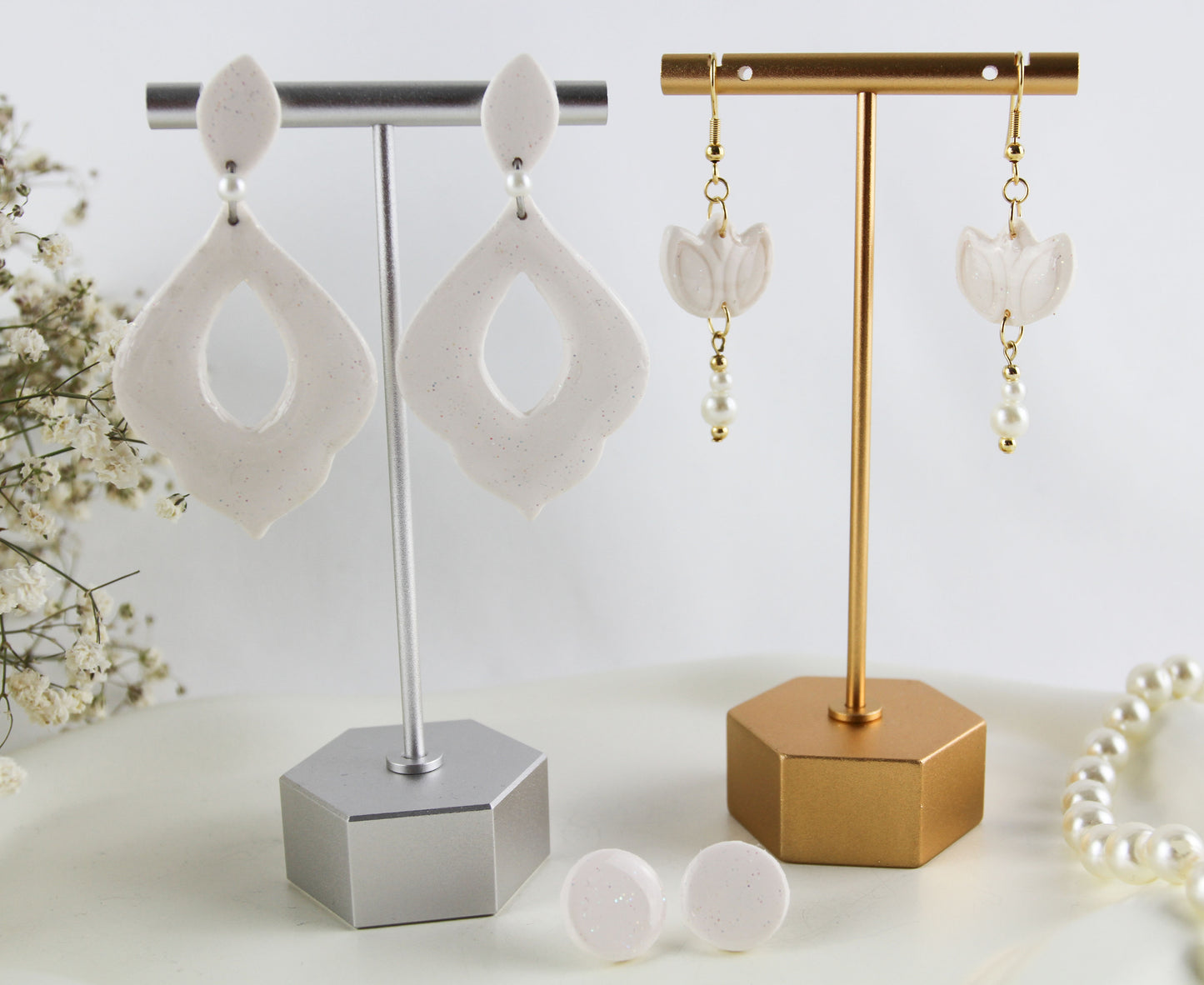 Weiß Glitzernde Polymer Clay Ohrringe, Braut Hochzeit Ohrringe