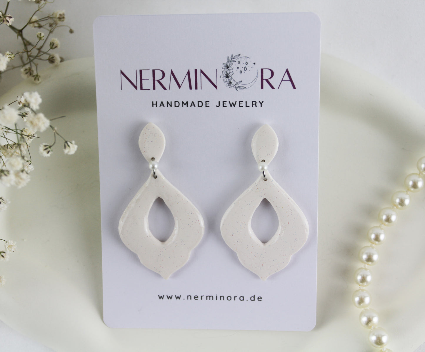 Weiß Glitzernde Polymer Clay Ohrringe, Braut Hochzeit Ohrringe