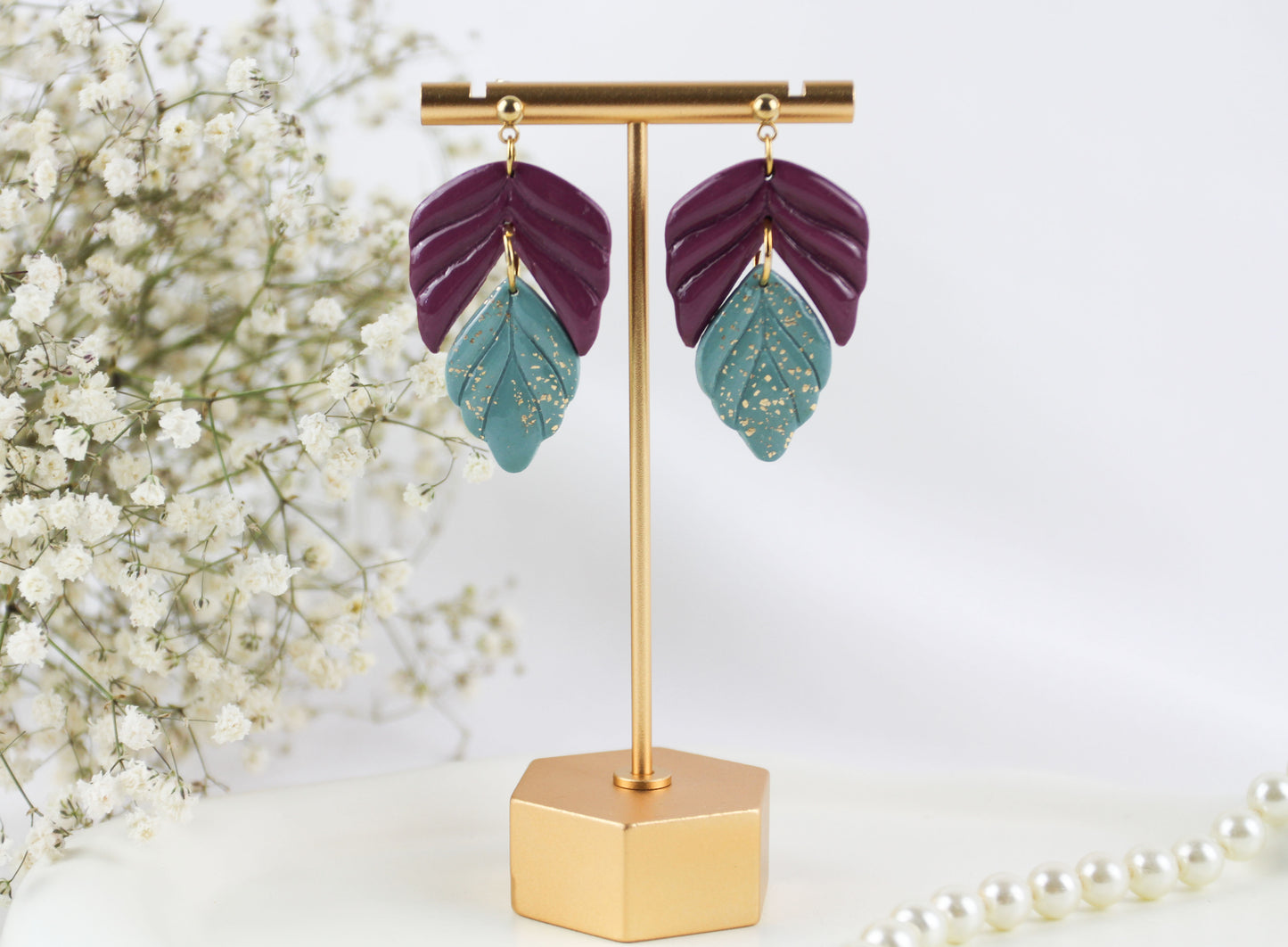 Zweifarbige Blatt Hänge Polymer Clay Ohrringe