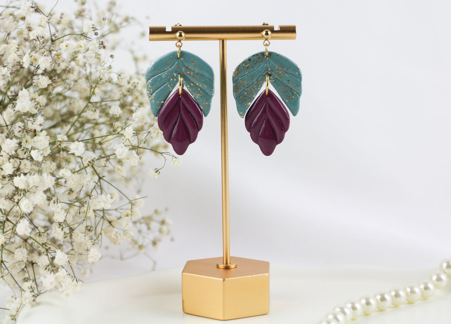 Zweifarbige Blatt Hänge Polymer Clay Ohrringe