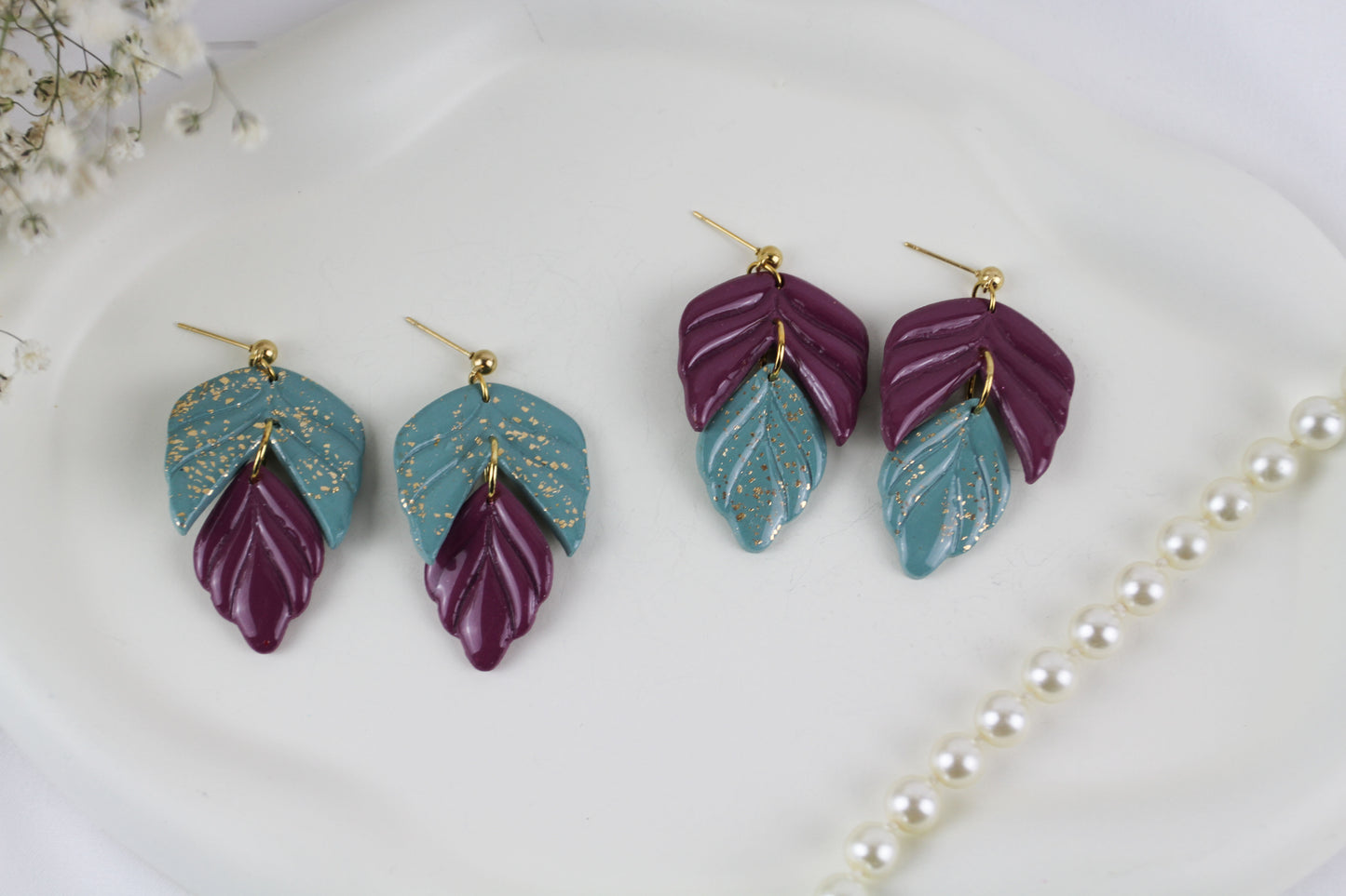 Zweifarbige Blatt Hänge Polymer Clay Ohrringe