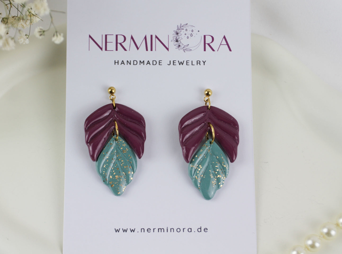 Zweifarbige Blatt Hänge Polymer Clay Ohrringe