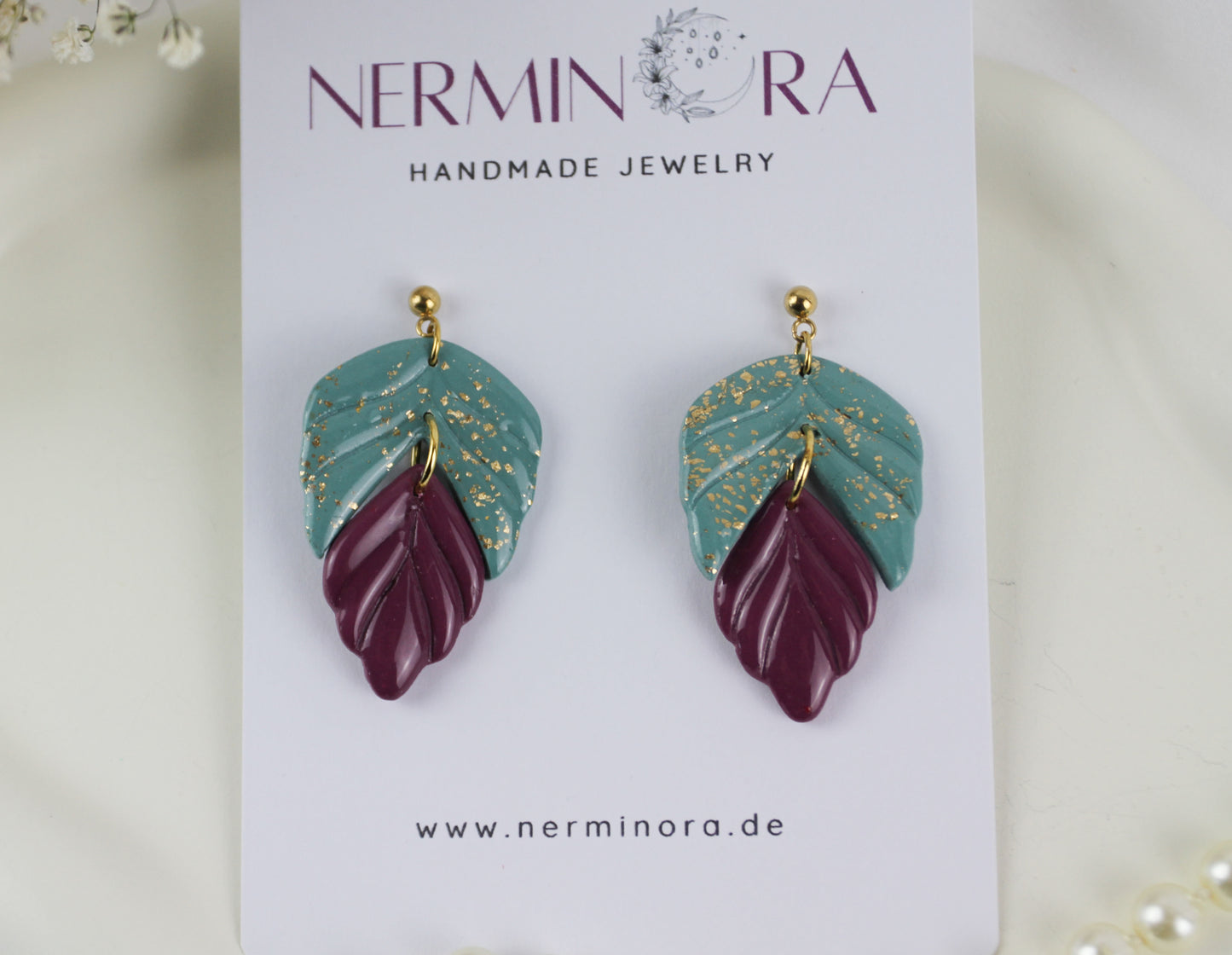Zweifarbige Blatt Hänge Polymer Clay Ohrringe