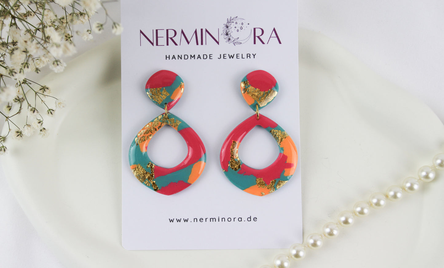 Bunte orange rosa grüne Statement Polymer Clay Ohrringe - Kollektion