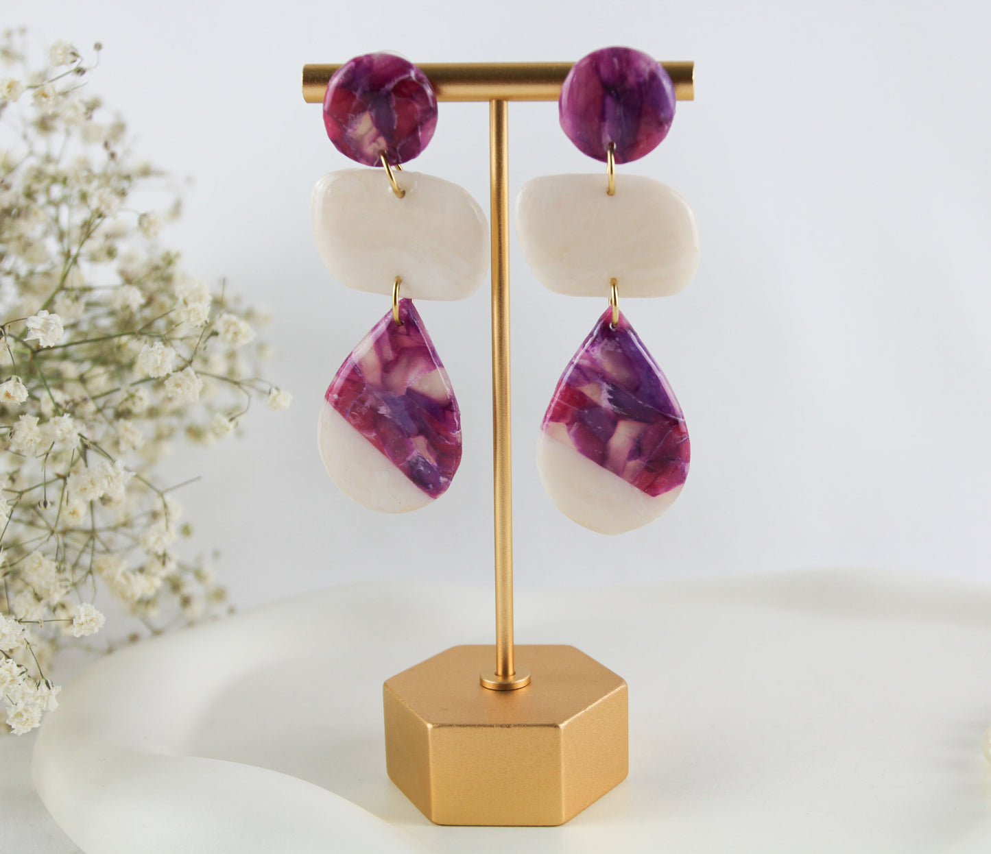 Nature Inspired Amethyst Marble Stone Polymer Clay Earrings with Natural Stones - Creations