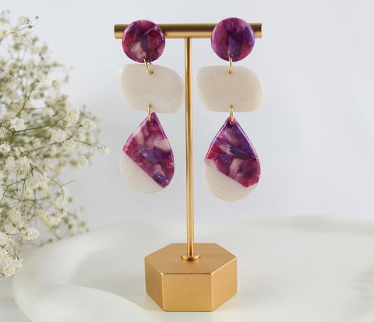 Lila Rosa Marmor-Ohrringe mit Natursteinen – Handgemachte Polymer-Clay-Kollektion