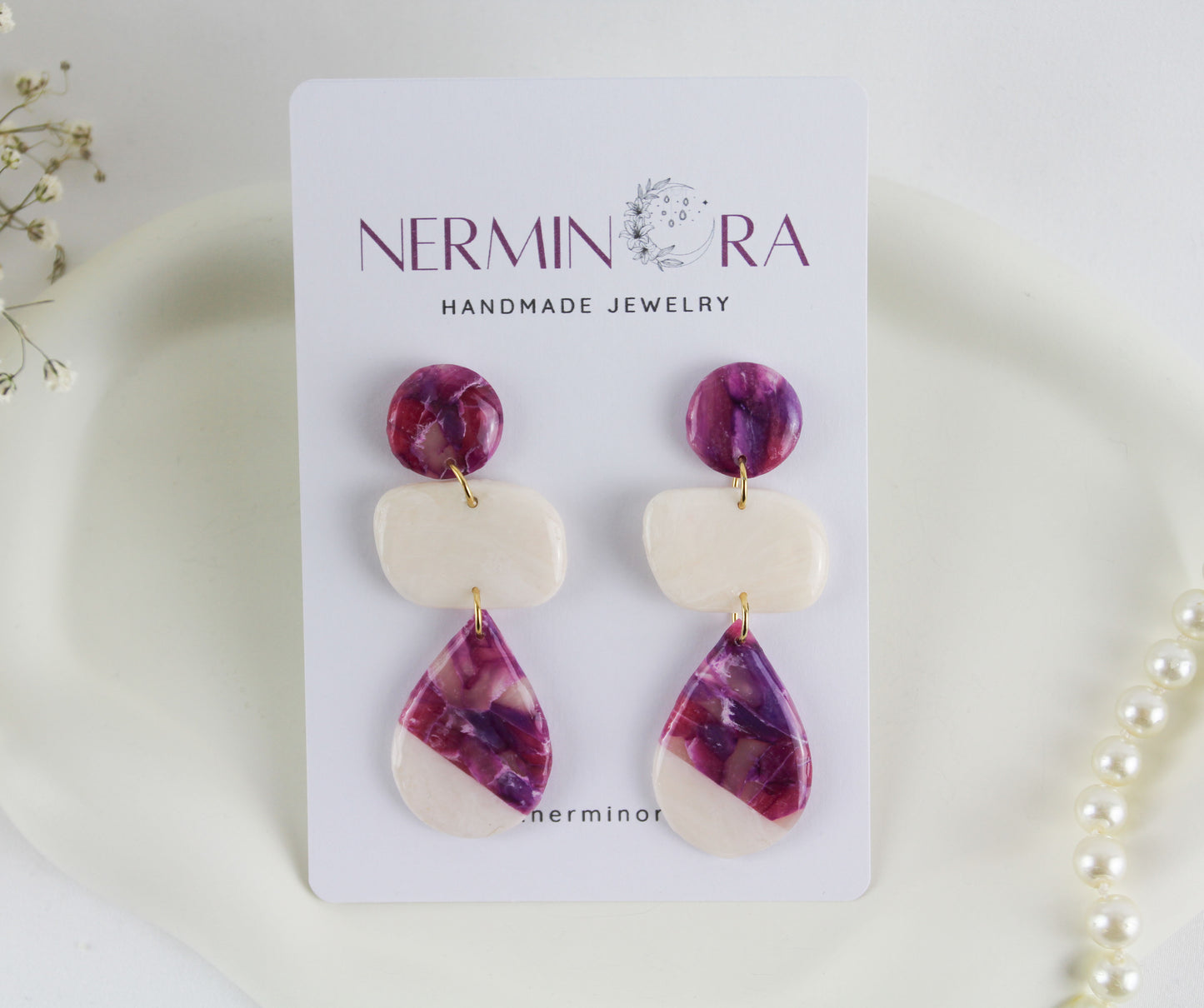 Nature Inspired Amethyst Marble Stone Polymer Clay Earrings with Natural Stones - Creations