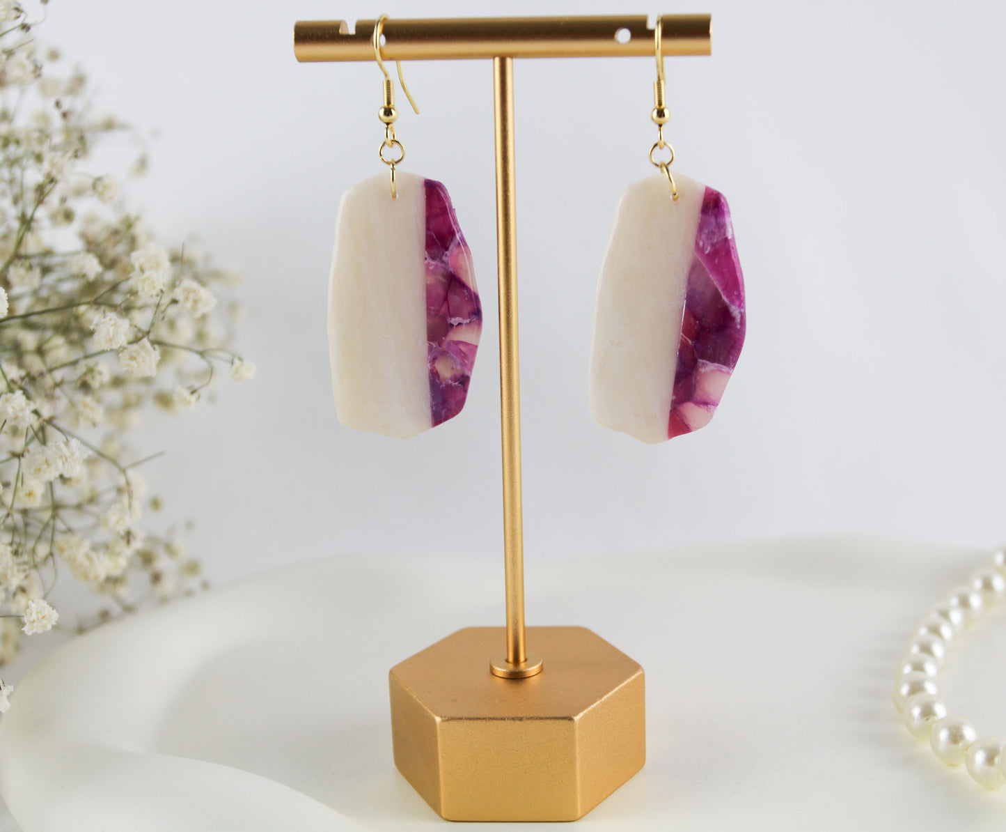 Nature Inspired Amethyst Marble Stone Polymer Clay Earrings with Natural Stones - Creations
