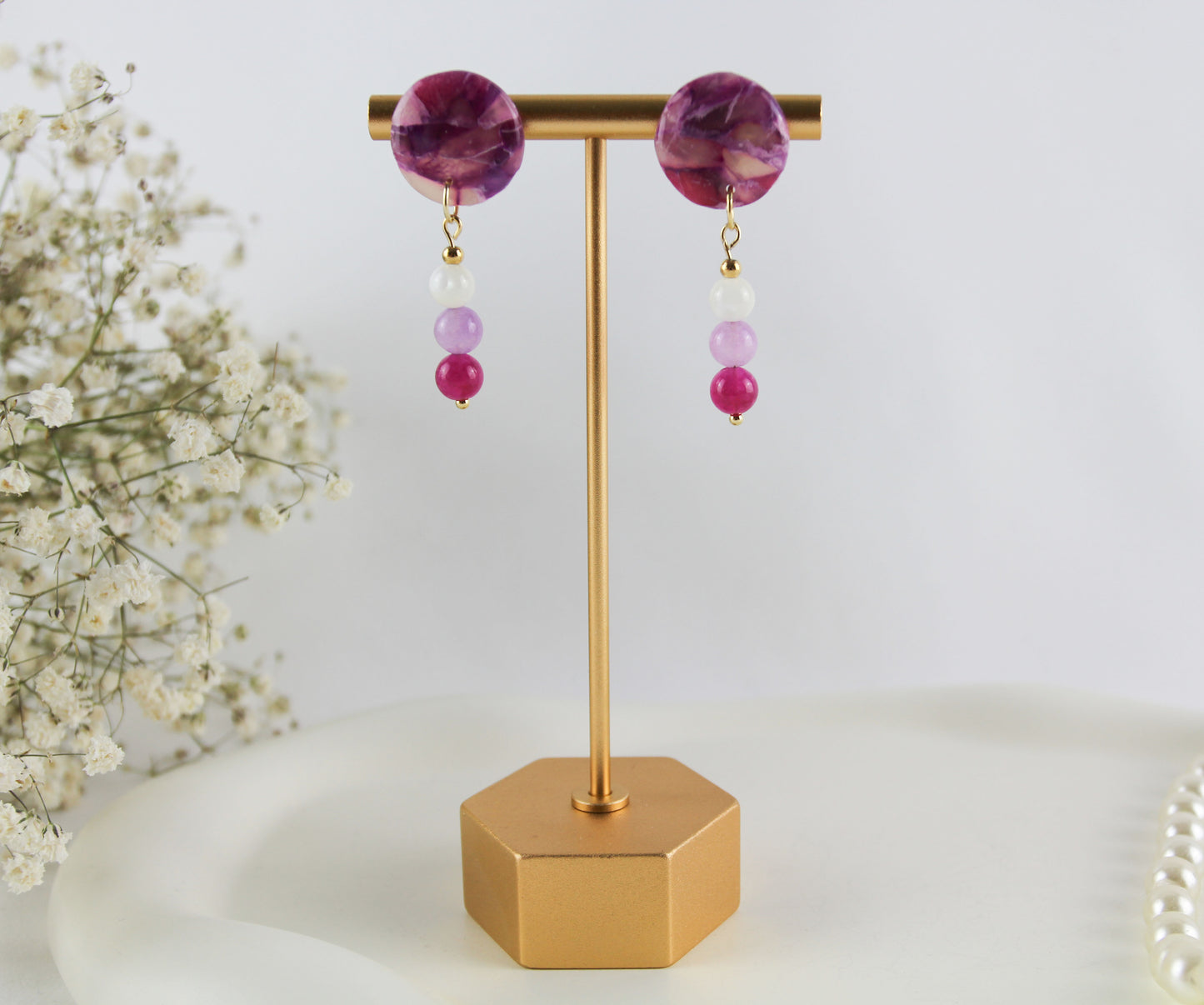 Nature Inspired Amethyst Marble Stone Polymer Clay Earrings with Natural Stones - Creations