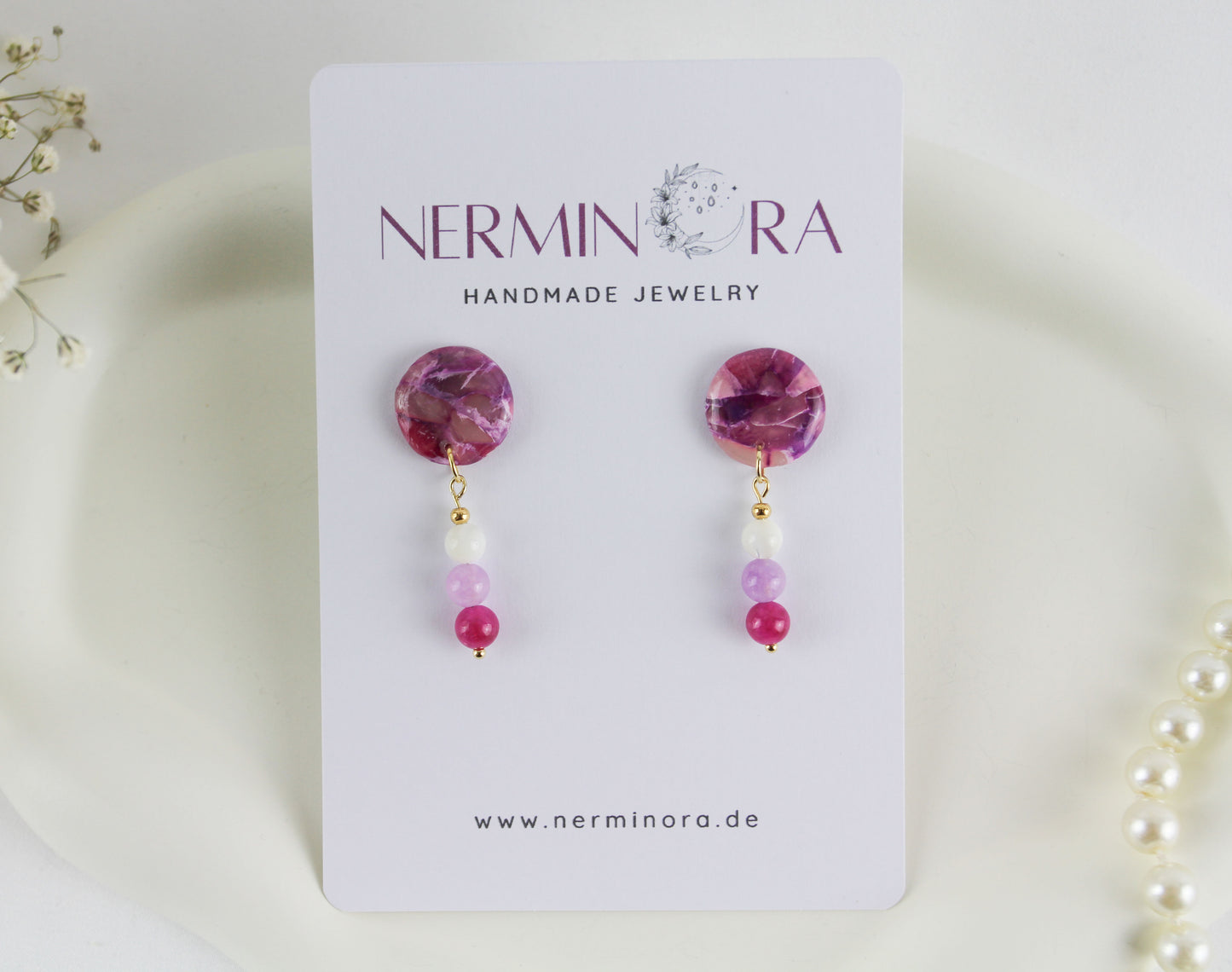 Nature Inspired Amethyst Marble Stone Polymer Clay Earrings with Natural Stones - Creations