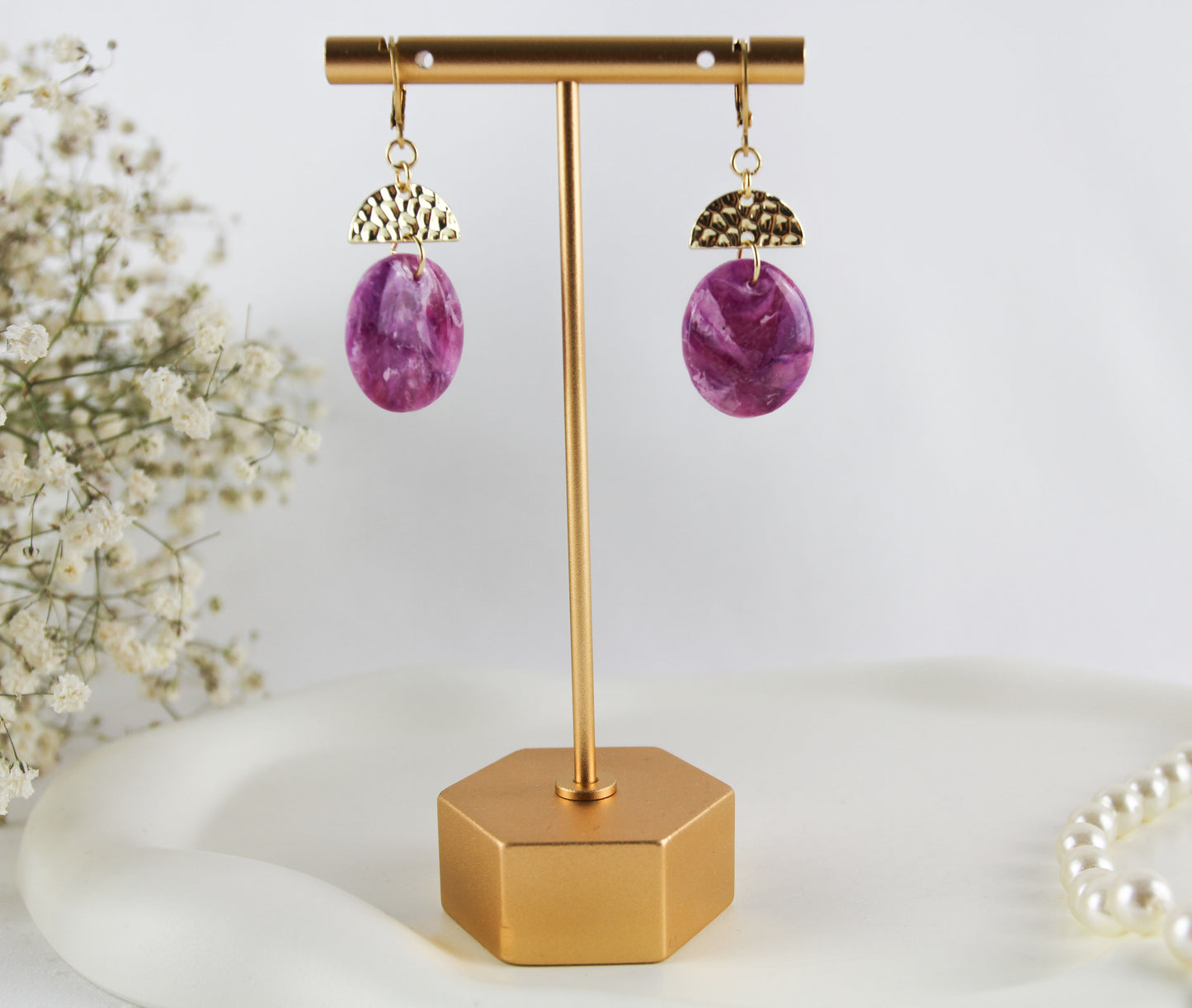 Nature Inspired Amethyst Marble Stone Polymer Clay Earrings with Natural Stones - Creations