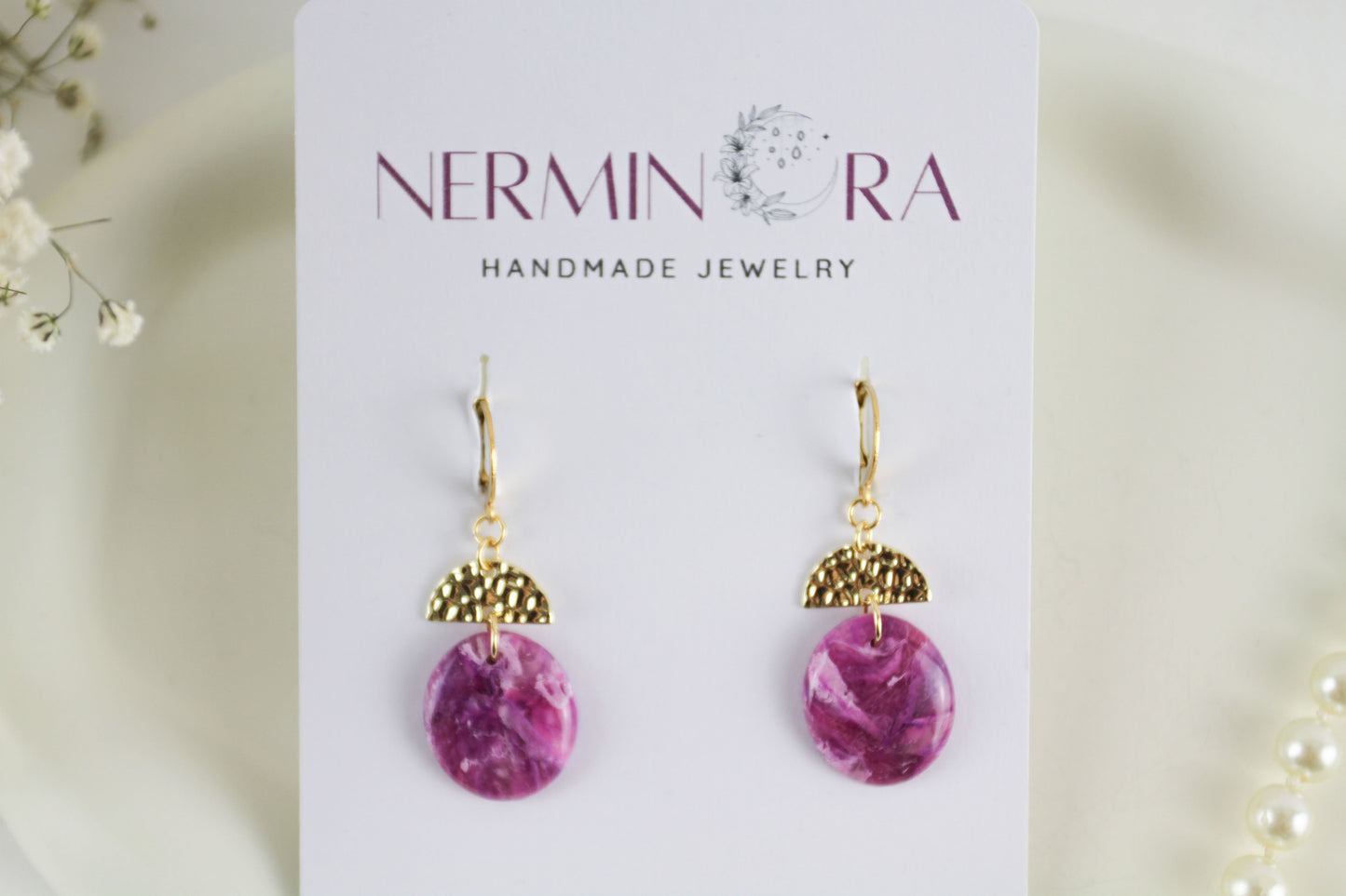 Nature Inspired Amethyst Marble Stone Polymer Clay Earrings with Natural Stones - Creations
