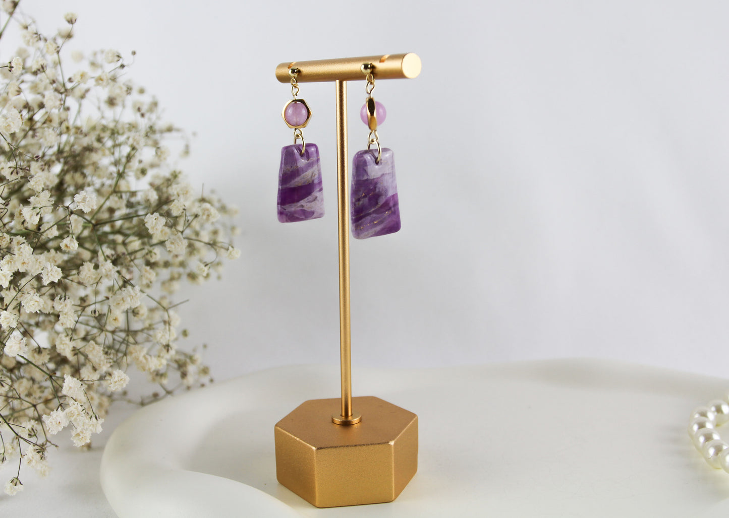 Purple Amethyst Natural Stone Inspired Polymer Clay Earrings with Natural Stones - Creations