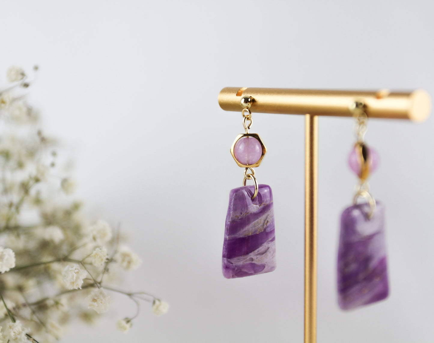 Purple Amethyst Natural Stone Inspired Polymer Clay Earrings with Natural Stones - Creations