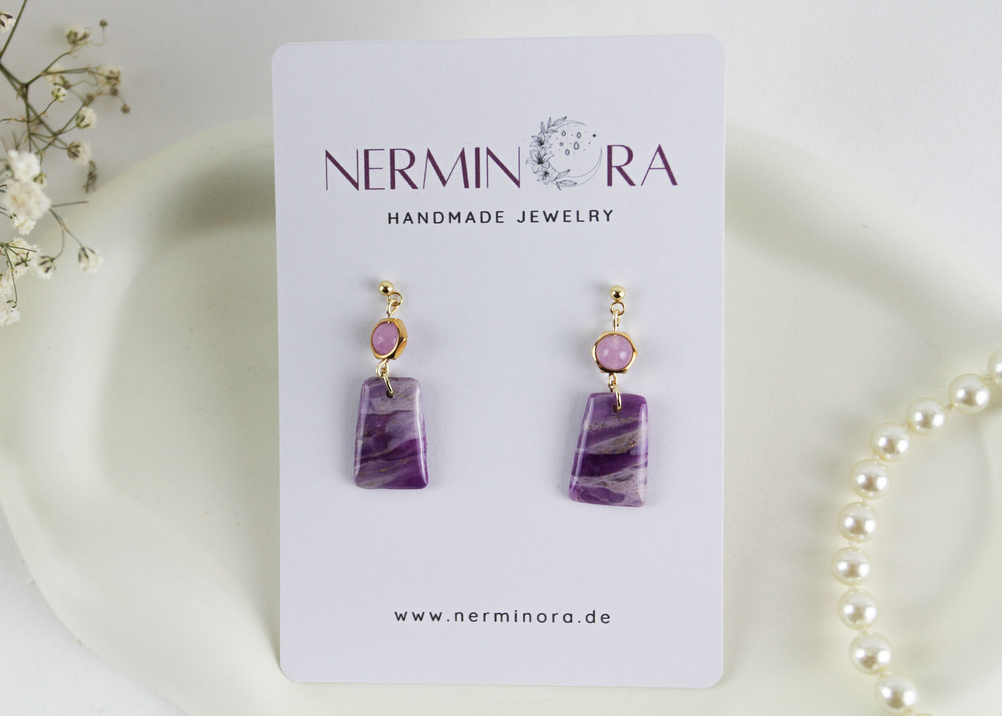 Purple Amethyst Natural Stone Inspired Polymer Clay Earrings with Natural Stones - Creations