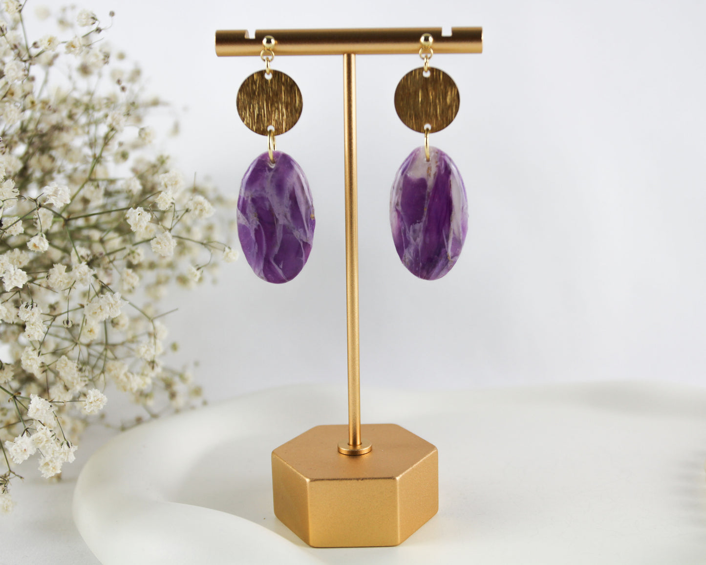 Purple Amethyst Natural Stone Inspired Polymer Clay Earrings with Natural Stones - Creations