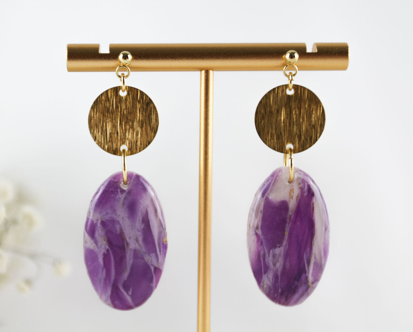 Purple Amethyst Natural Stone Inspired Polymer Clay Earrings with Natural Stones - Creations