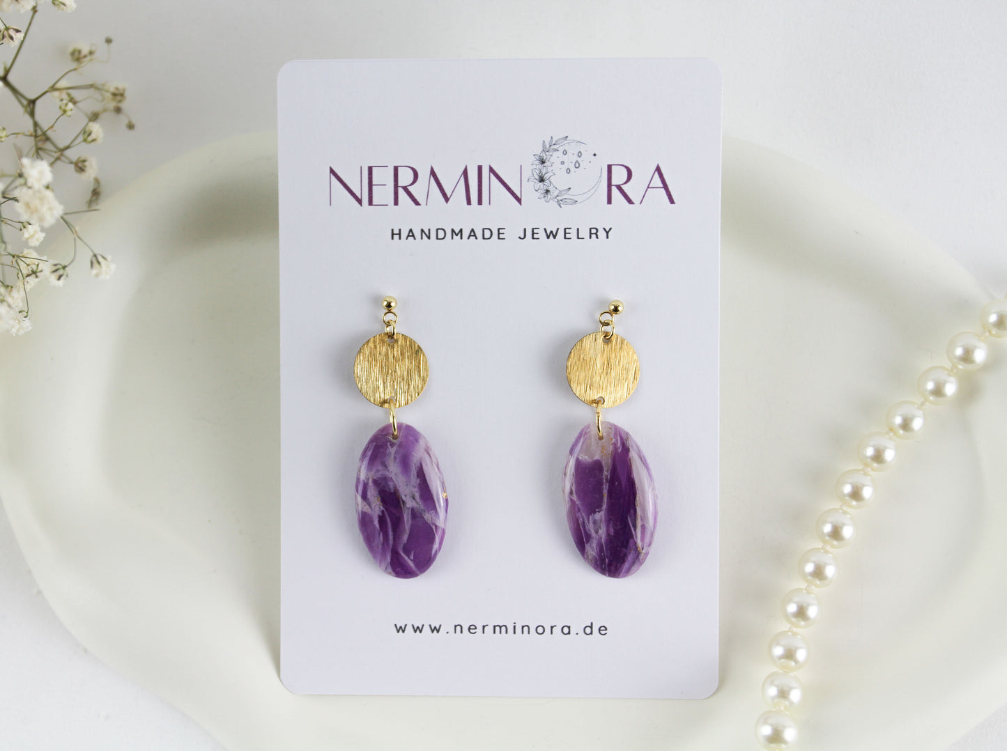 Purple Amethyst Natural Stone Inspired Polymer Clay Earrings with Natural Stones - Creations