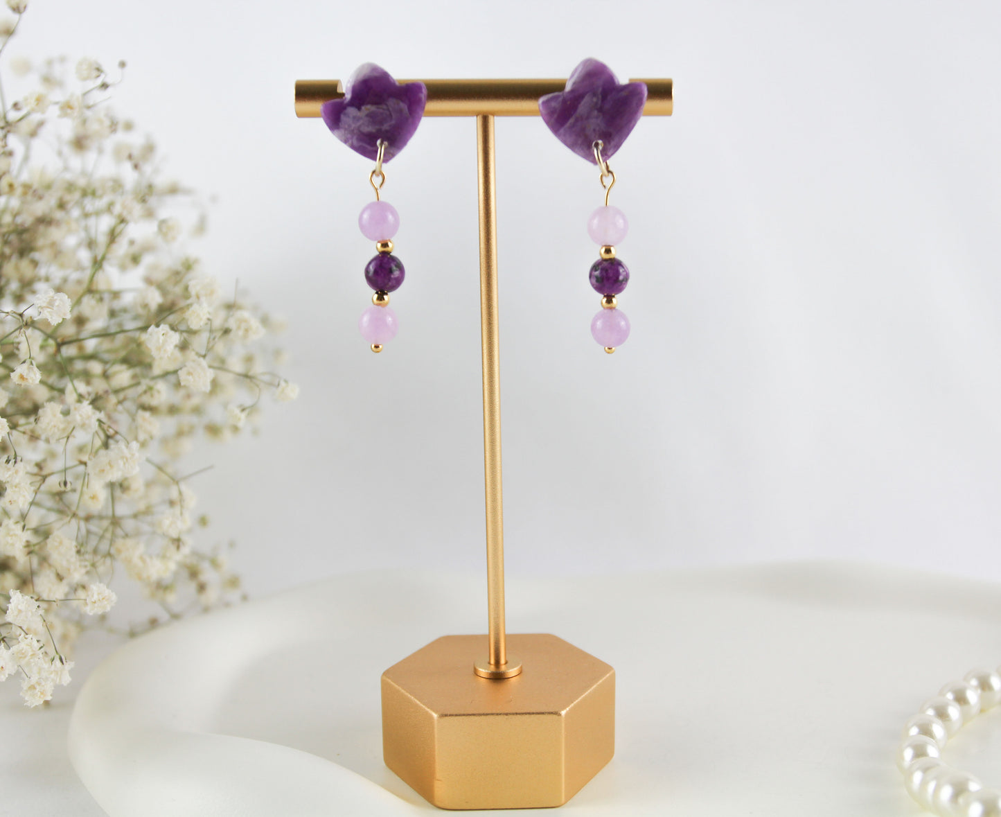 Purple Amethyst Natural Stone Inspired Polymer Clay Earrings with Natural Stones - Creations