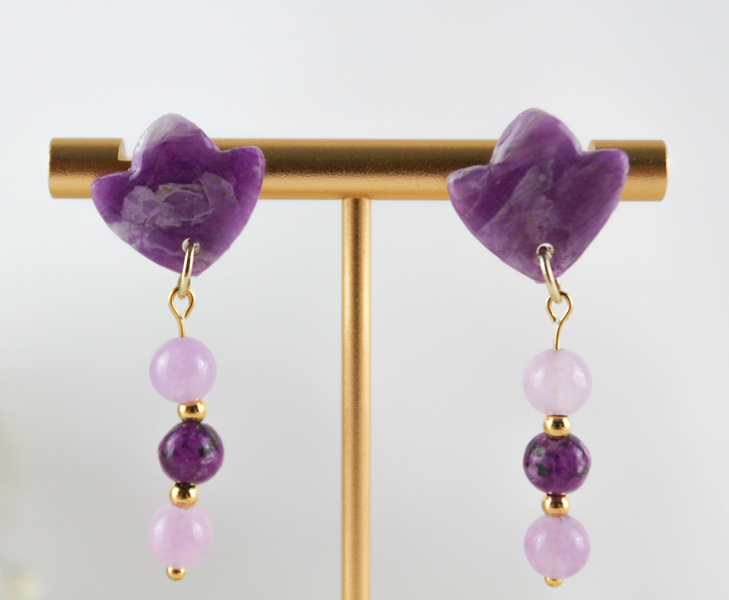 Purple Amethyst Natural Stone Inspired Polymer Clay Earrings with Natural Stones - Creations