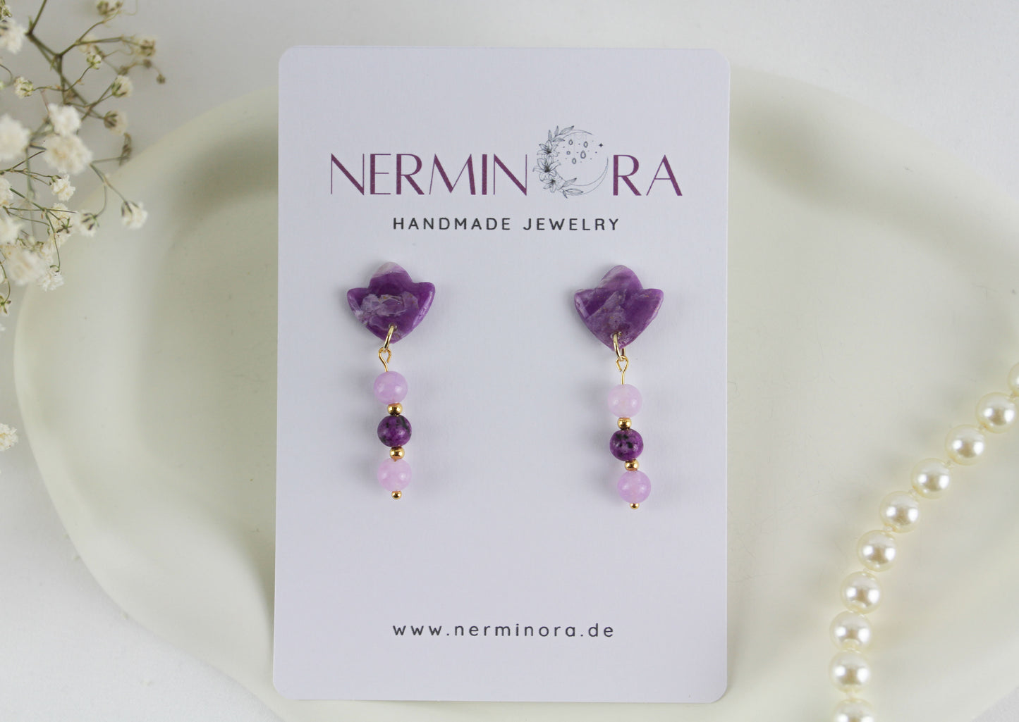 Purple Amethyst Natural Stone Inspired Polymer Clay Earrings with Natural Stones - Creations