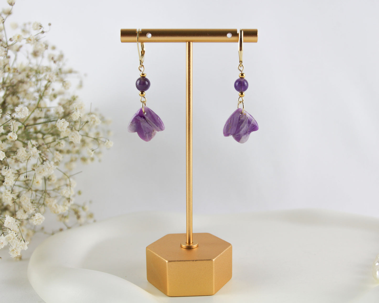 Purple Amethyst Natural Stone Inspired Polymer Clay Earrings with Natural Stones - Creations