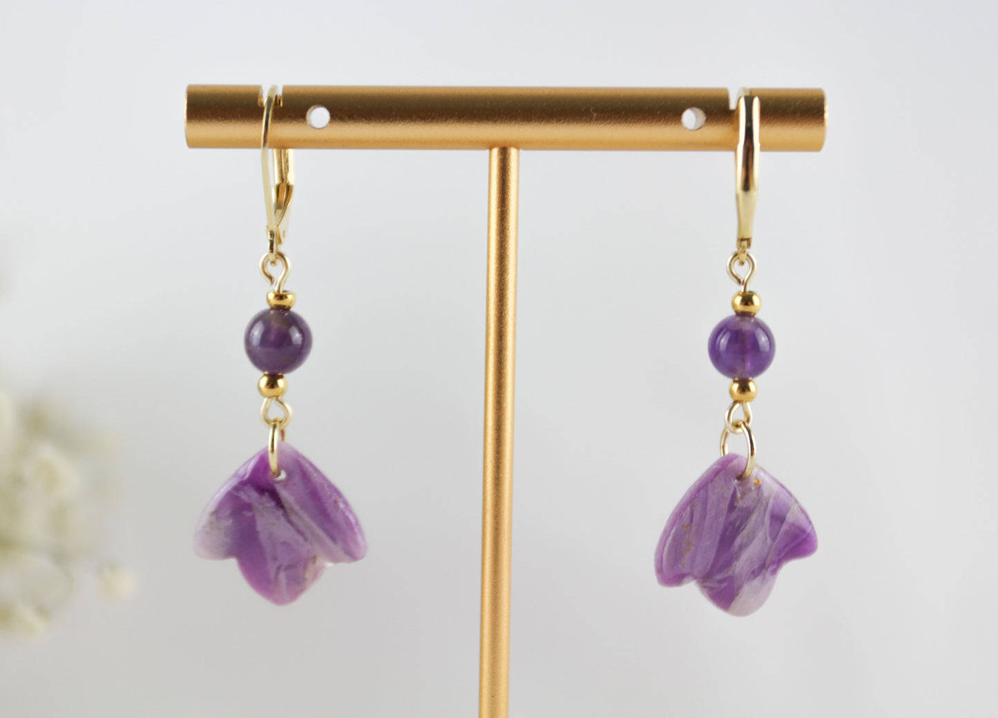 Purple Amethyst Natural Stone Inspired Polymer Clay Earrings with Natural Stones - Creations