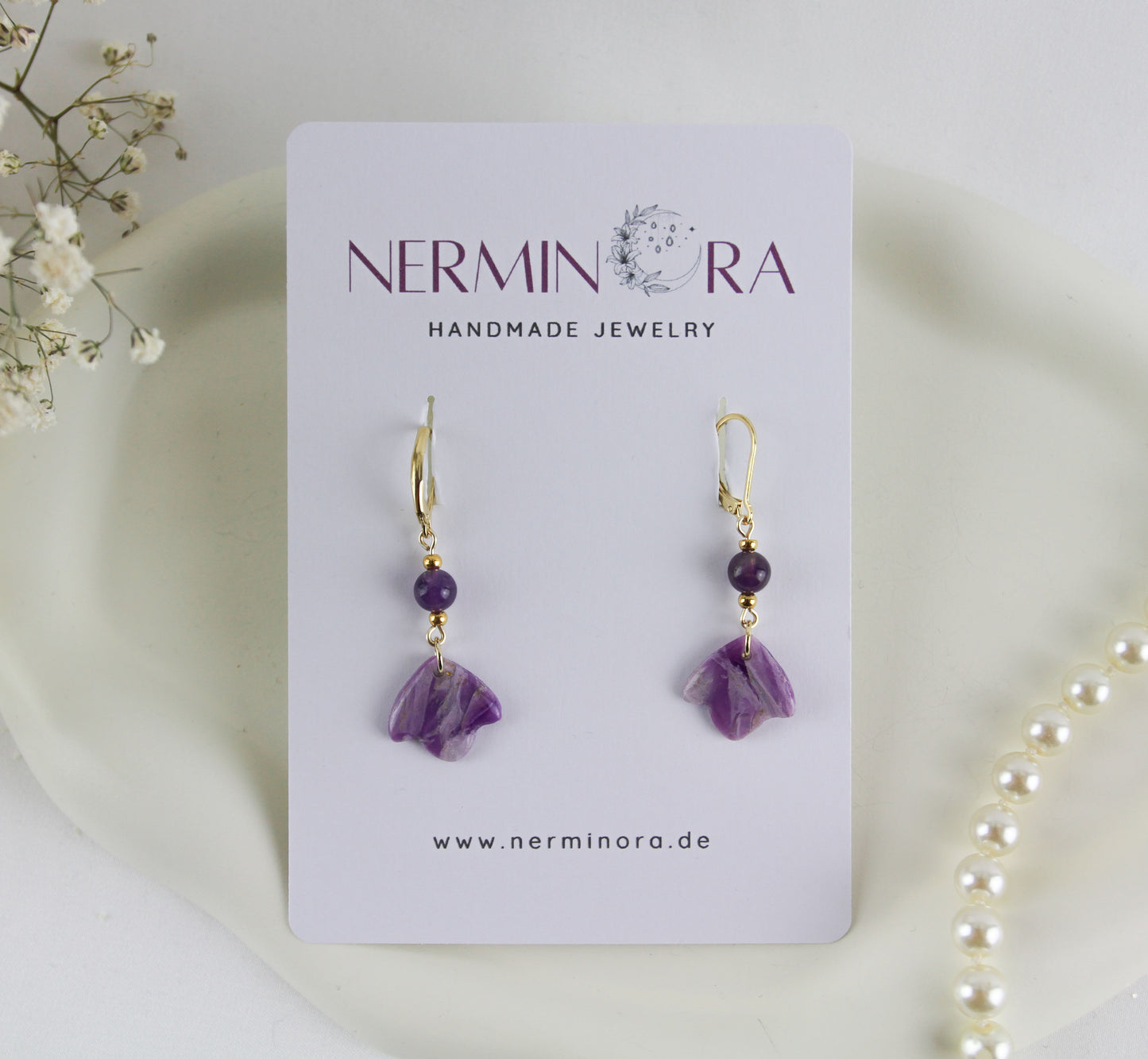 Purple Amethyst Natural Stone Inspired Polymer Clay Earrings with Natural Stones - Creations
