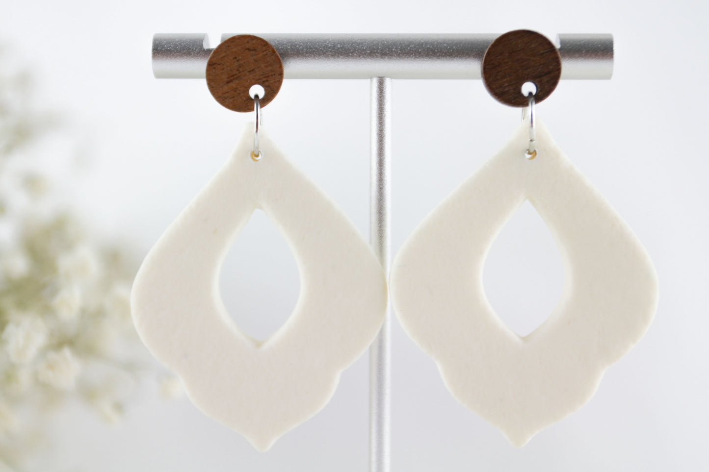 White statement polymer clay earrings with walnut wood studs