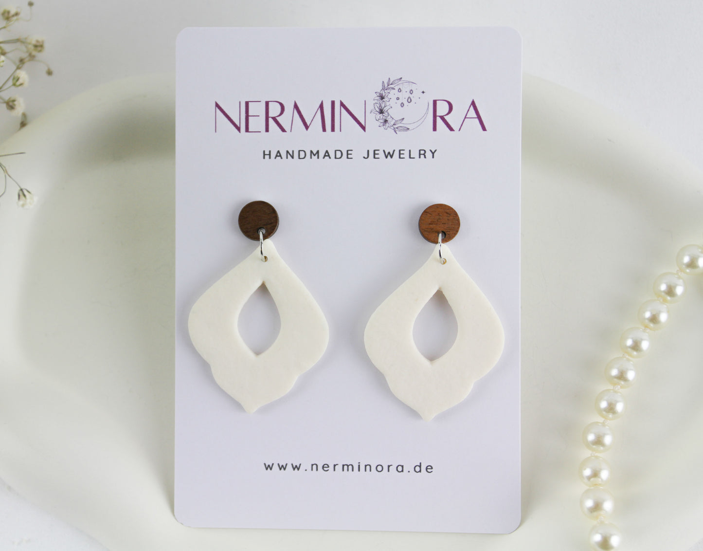White statement polymer clay earrings with walnut wood studs